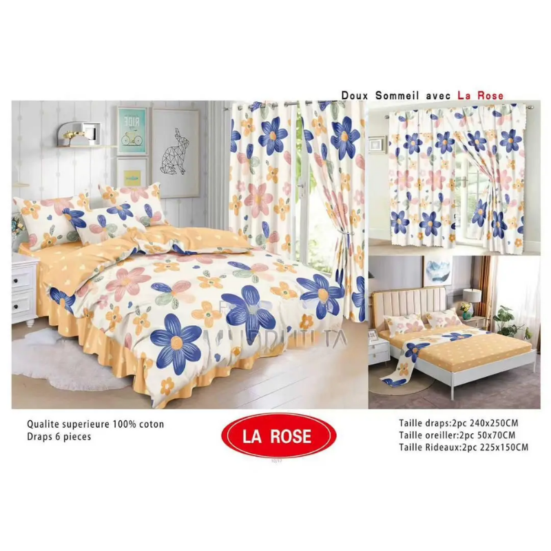 Ensemble Complet 6 Pièces : 2 Draps, 2 Taies Et 2 Rideaux - 100% Coton