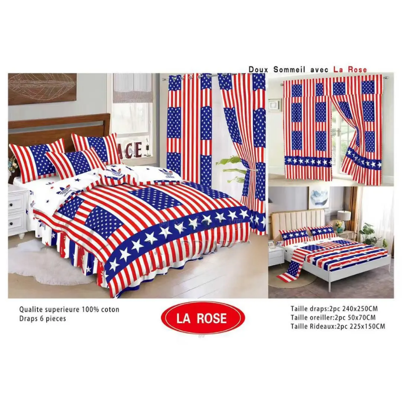 Ensemble Complet 6 Pièces : 2 Draps, 2 Taies Et 2 Rideaux - 100% Coton