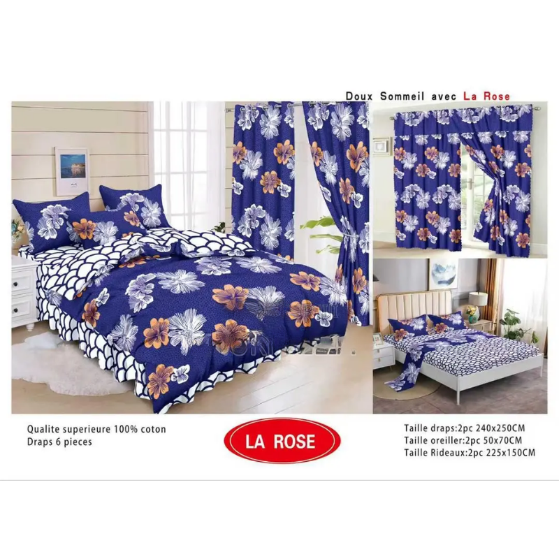 Ensemble Complet 6 Pièces : 2 Draps, 2 Taies Et 2 Rideaux - 100% Coton